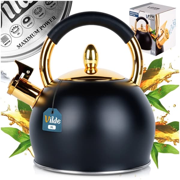 Kedel med fløjte, stål, sort, guld, 3 l