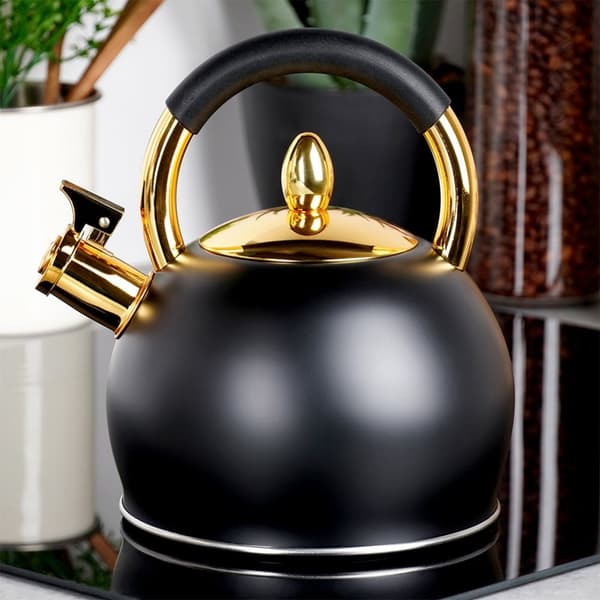 Kedel med fløjte, stål, sort, guld, 3 l