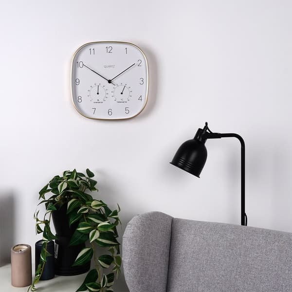 Väggklocka med termometer och hygrometer vitguld 28,5 cm