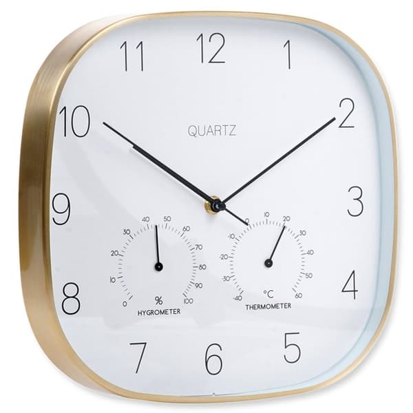 Veggklokke med termometer og hygrometer hvitt gull 28,5 cm
