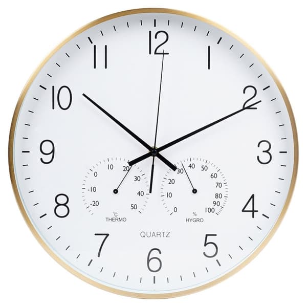 Veggklokke med termometer og hygrometer hvitt gull 38 cm
