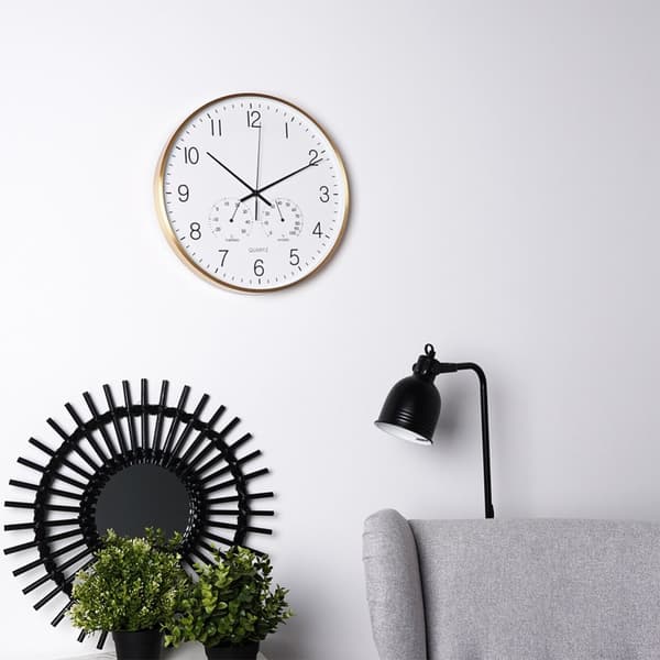Veggklokke med termometer og hygrometer hvitt gull 38 cm