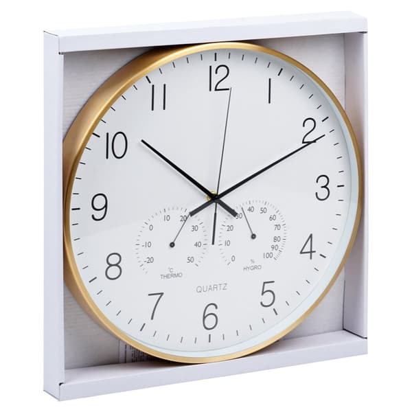 Veggklokke med termometer og hygrometer hvitt gull 38 cm
