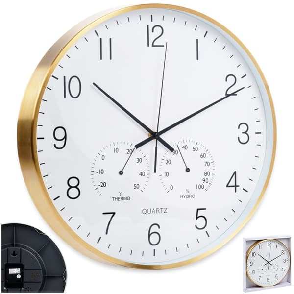Veggklokke med termometer og hygrometer hvitt gull 38 cm