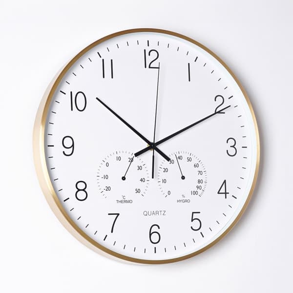 Veggklokke med termometer og hygrometer hvitt gull 38 cm