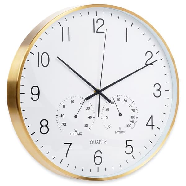 Veggklokke med termometer og hygrometer hvitt gull 38 cm