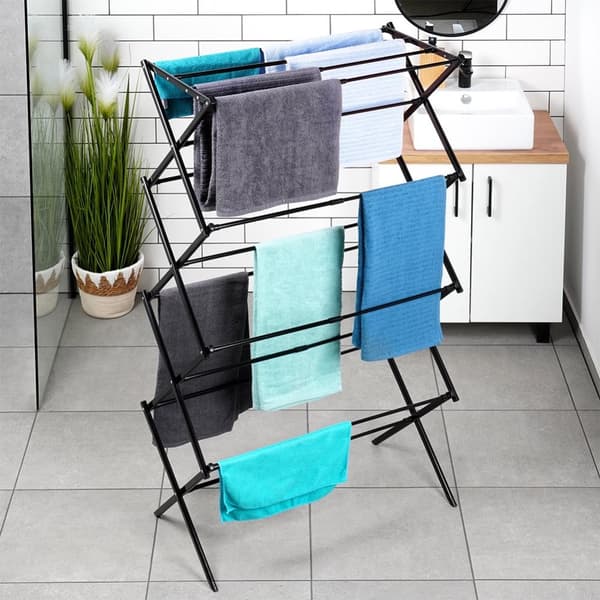 Sort metal lodret udtrækkeligt vasketøjstativ 43-75x37,5x139 cm
