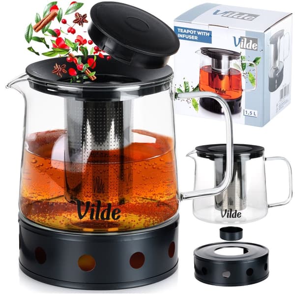 Tekanne med teinfuser, varmebestandig glass, med varmere, 1,5 l