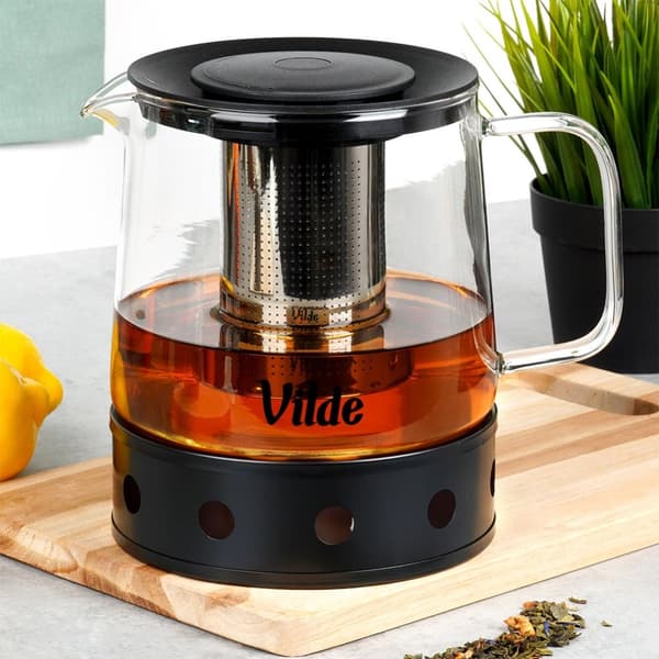 Tekanne med teinfuser, varmebestandig glass, med varmere, 1,5 l