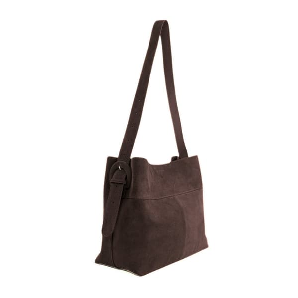Skinn semsket mørk brun shopper bag med justerbar stropp Solier FL38 Sienna
