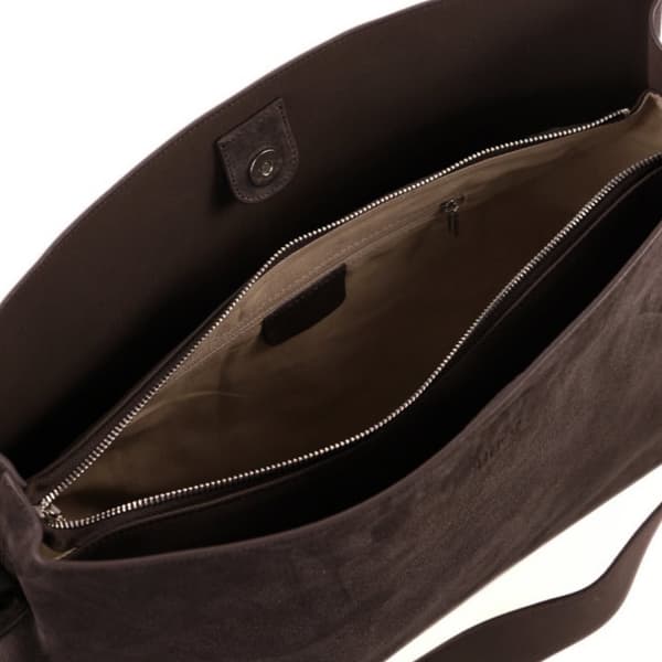 Skinn semsket mørk brun shopper bag med justerbar stropp Solier FL38 Sienna