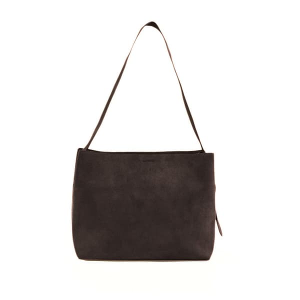 Skinn semsket mørk brun shopper bag med justerbar stropp Solier FL38 Sienna