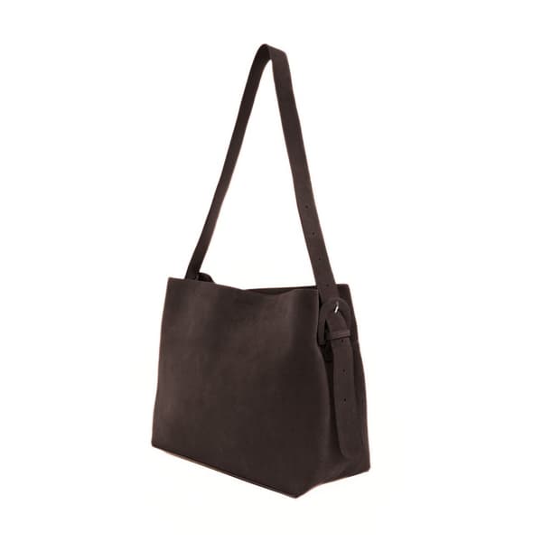 Skinn semsket mørk brun shopper bag med justerbar stropp Solier FL38 Sienna