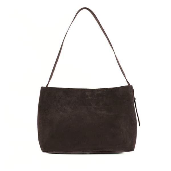 Suede Shopper Bag i skinn med spenne skulder Solier FL39 Maya Chocolate