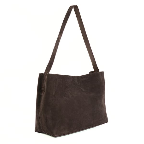 Suede Shopper Bag i skinn med spenne skulder Solier FL39 Maya Chocolate