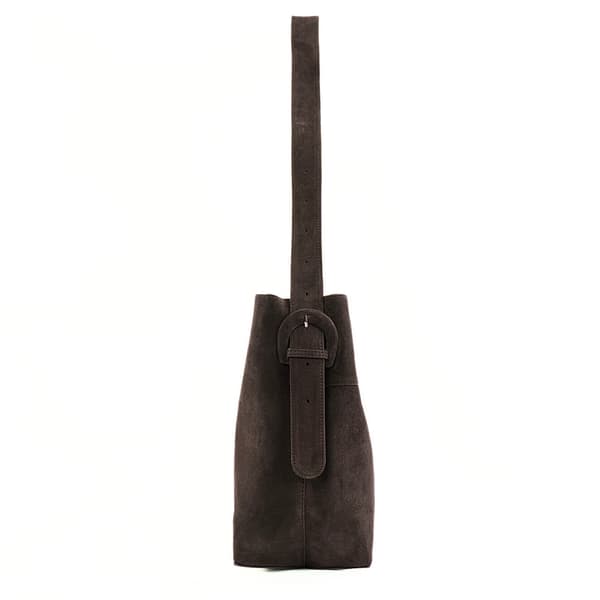 Suede Shopper Bag i skinn med spenne skulder Solier FL39 Maya Chocolate