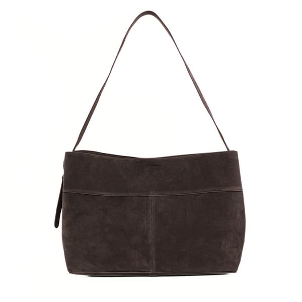 Suede Shopper Bag i skinn med spenne skulder Solier FL39 Maya Chocolate