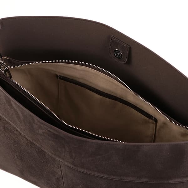 Suede Shopper Bag i skinn med spenne skulder Solier FL39 Maya Chocolate