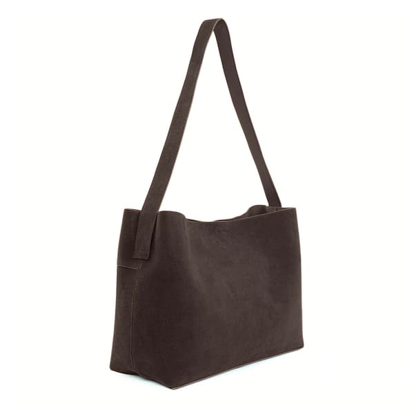 Suede Shopper Bag i skinn med spenne skulder Solier FL39 Maya Chocolate