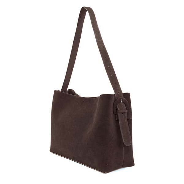 Suede Shopper Bag i skinn med spenne skulder Solier FL39 Maya Chocolate