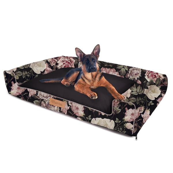 Hundeseng sort + roser XL med personalisering