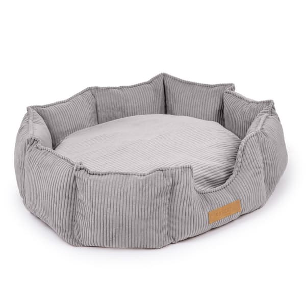 Hundeseng grå + kordfløyel 100 x 85 cm rund med personalisering