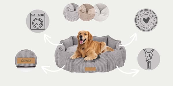 Hundeseng grå + kordfløyel 100 x 85 cm rund med personalisering