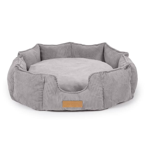 Hundeseng grå + kordfløyel 100 x 85 cm rund med personalisering