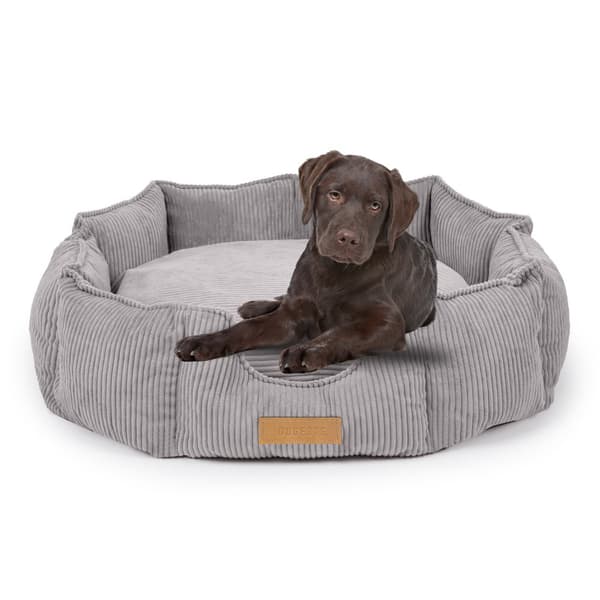 Hundeseng grå + kordfløyel 100 x 85 cm rund med personalisering