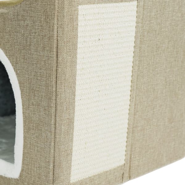 Katthus med skrapstolpe och säng, hopfällbar, KIBO, beige