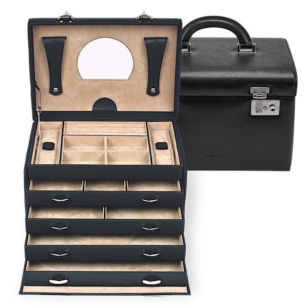 Luksus smykkeskrin i skinn med 5 nivåer og låsbar design