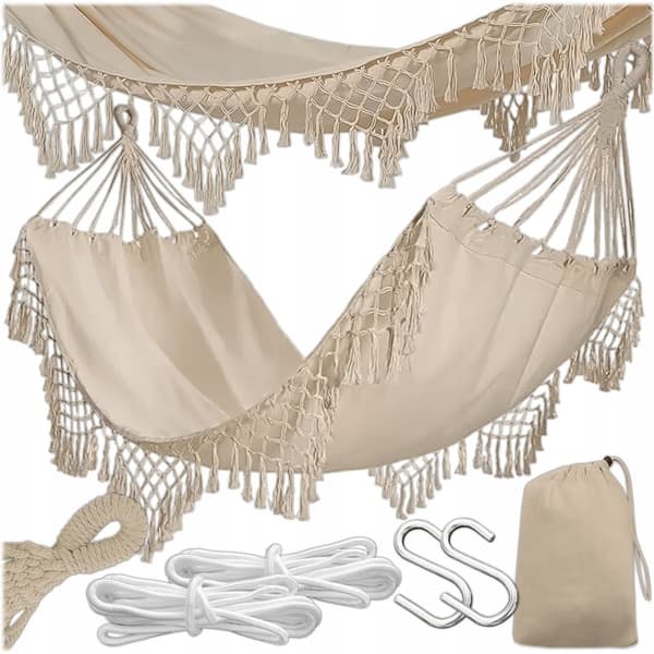 Boho Style Beige hengekøye med frynser, 150 x 190 cm