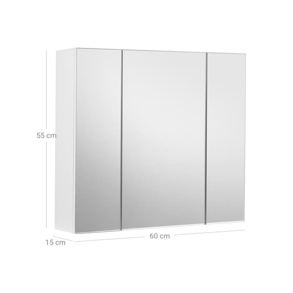 Veggskap for bad, skap med speil, 3-dørs oppbevaringsskap, 60 x 15 x 55 cm
