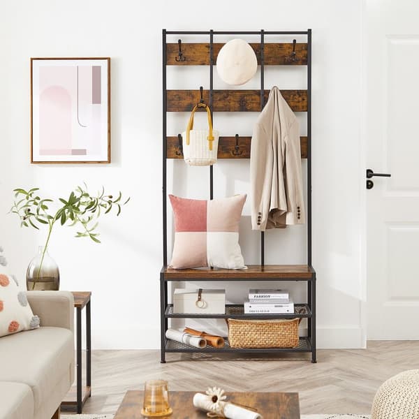 Knagerække Fritstående, Entryway Organizer, med 8 dobbelte kroge og skobænk, 2 mesh-hylder