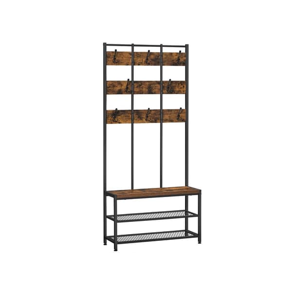 Knagerække Fritstående, Entryway Organizer, med 8 dobbelte kroge og skobænk, 2 mesh-hylder