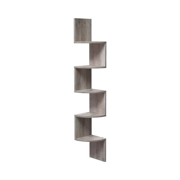 Hjørnehylde, 5-etagers flydende væghylde med zigzag-design, bogreol, Greige LBC020M01