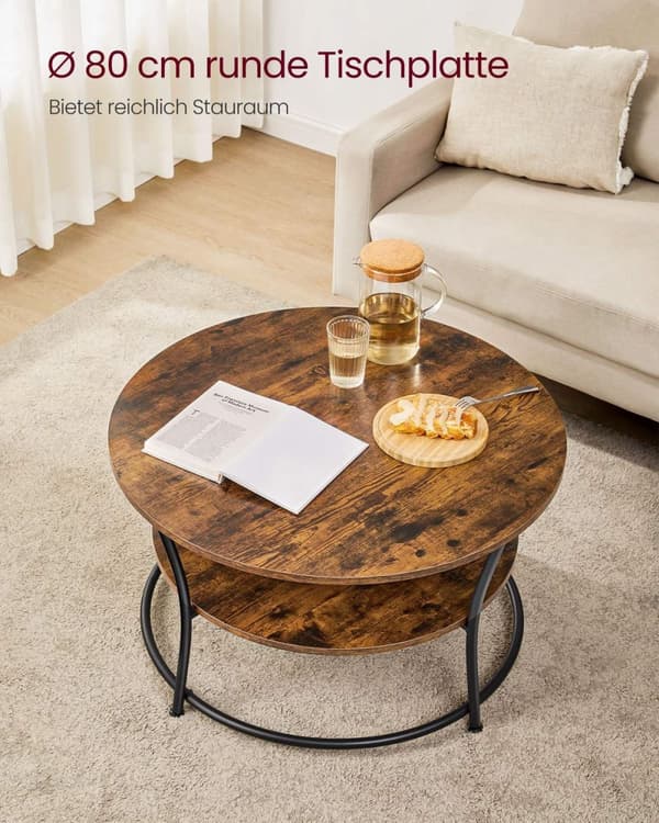 Sofabord, rundt cocktailbord med hylde, tebord, nem montering, metal, industrielt design