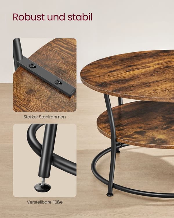 Sofabord, rundt cocktailbord med hylde, tebord, nem montering, metal, industrielt design