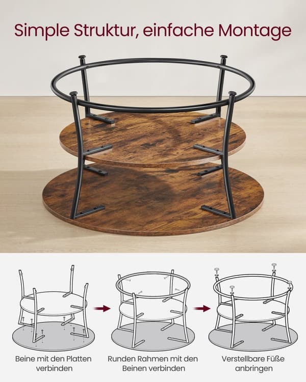 Sofabord, rundt cocktailbord med hylde, tebord, nem montering, metal, industrielt design