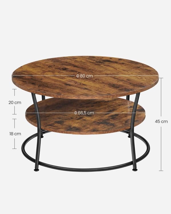 Sofabord, rundt cocktailbord med hylde, tebord, nem montering, metal, industrielt design