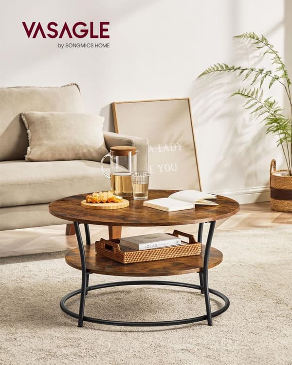 Sofabord, rundt cocktailbord med hylde, tebord, nem montering, metal, industrielt design