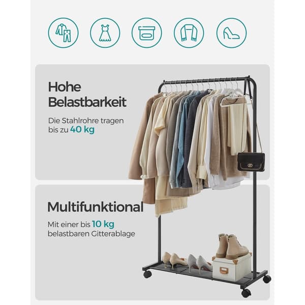 Tøjstativ på hjul, enkelt-skinne metalbeklædningsstativ, med opbevaringshylde