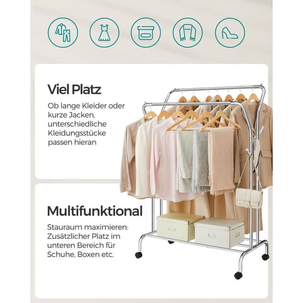 Klesstang, klesstativ, dobbel kleshengestang, kraftig metallramme, med hjul
