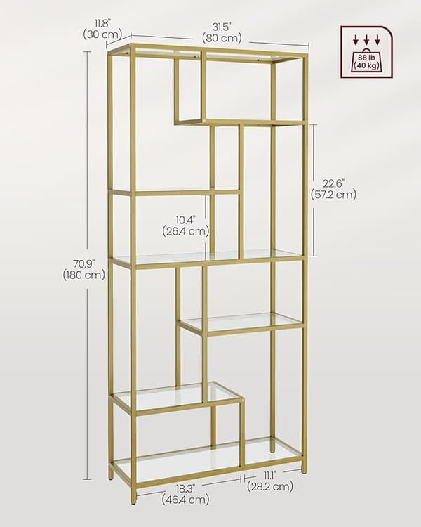 Bogreol, 6-lags høj reol, plantestativ, displayhylde, 30 x 80 x 180 cm, hærdet glas