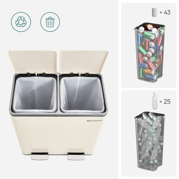 Kaksiosastoinen 2 x 30 L roskakori, 2 roskapussia, metalliset jalkapolkimet