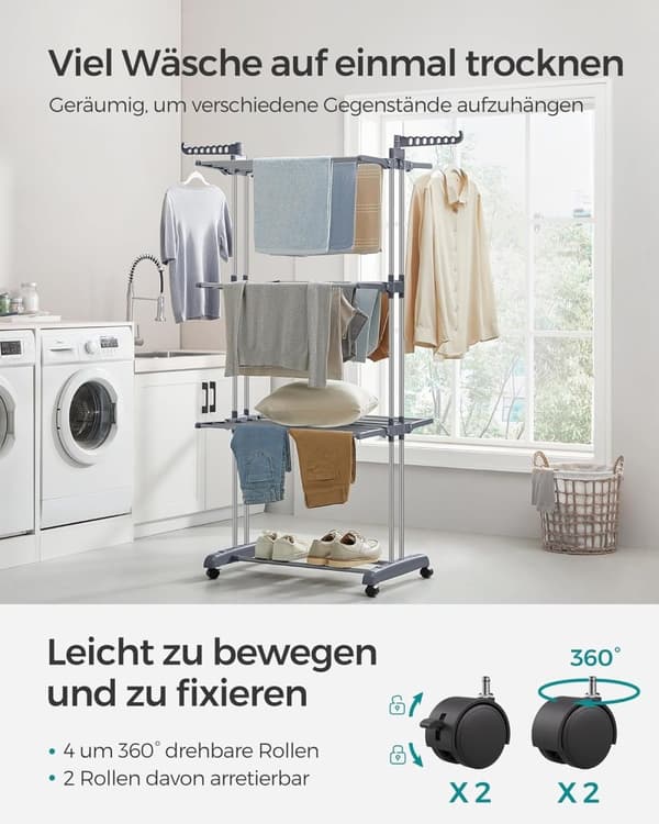Clothes Airer 4 Tier Folding Wing Clothes Airer med hjul 63,5 x 128 x 173 cm Stor Enkel montering