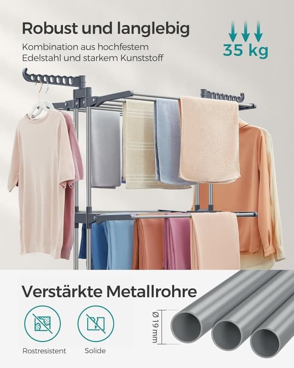 Clothes Airer 4 Tier Folding Wing Clothes Airer med hjul 63,5 x 128 x 173 cm Stor Enkel montering