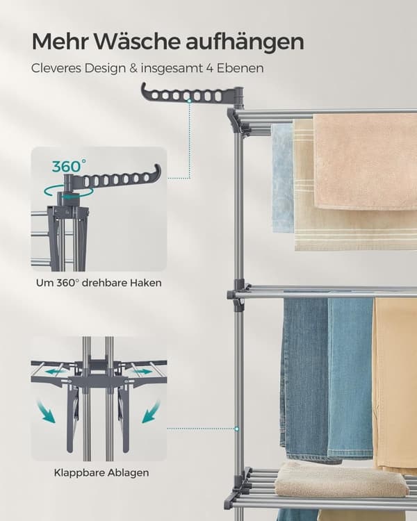 Clothes Airer 4 Tier Folding Wing Clothes Airer med hjul 63,5 x 128 x 173 cm Stor Enkel montering