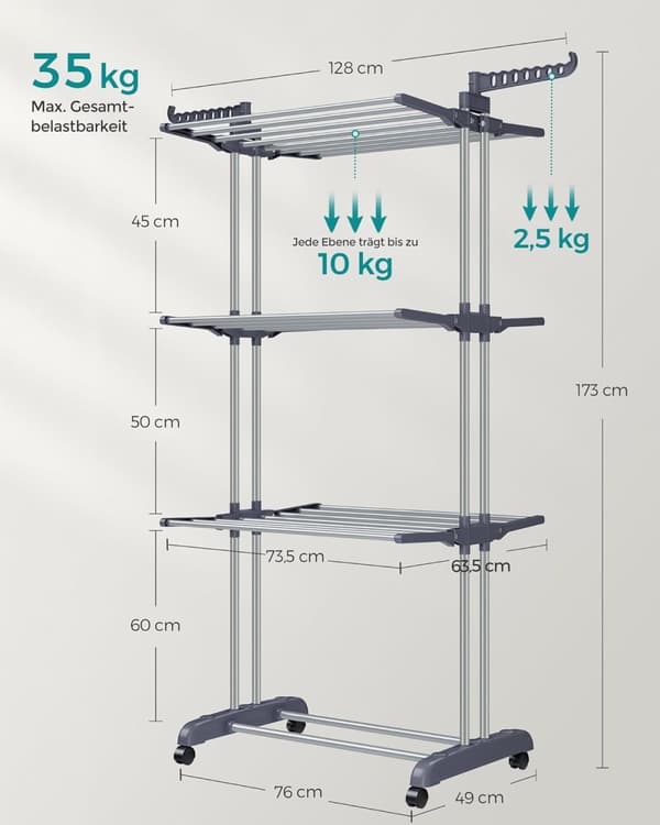 Clothes Airer 4 Tier Folding Wing Clothes Airer med hjul 63,5 x 128 x 173 cm Stor Enkel montering