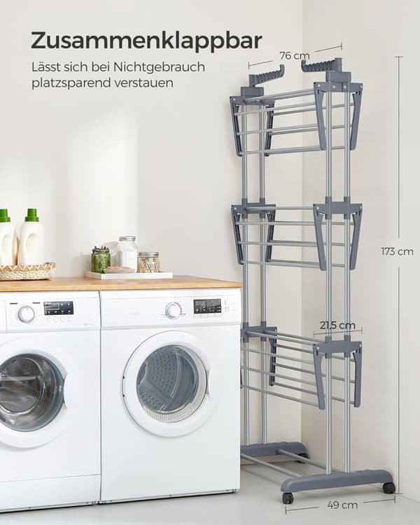 Clothes Airer 4 Tier Folding Wing Clothes Airer med hjul 63,5 x 128 x 173 cm Stor Enkel montering